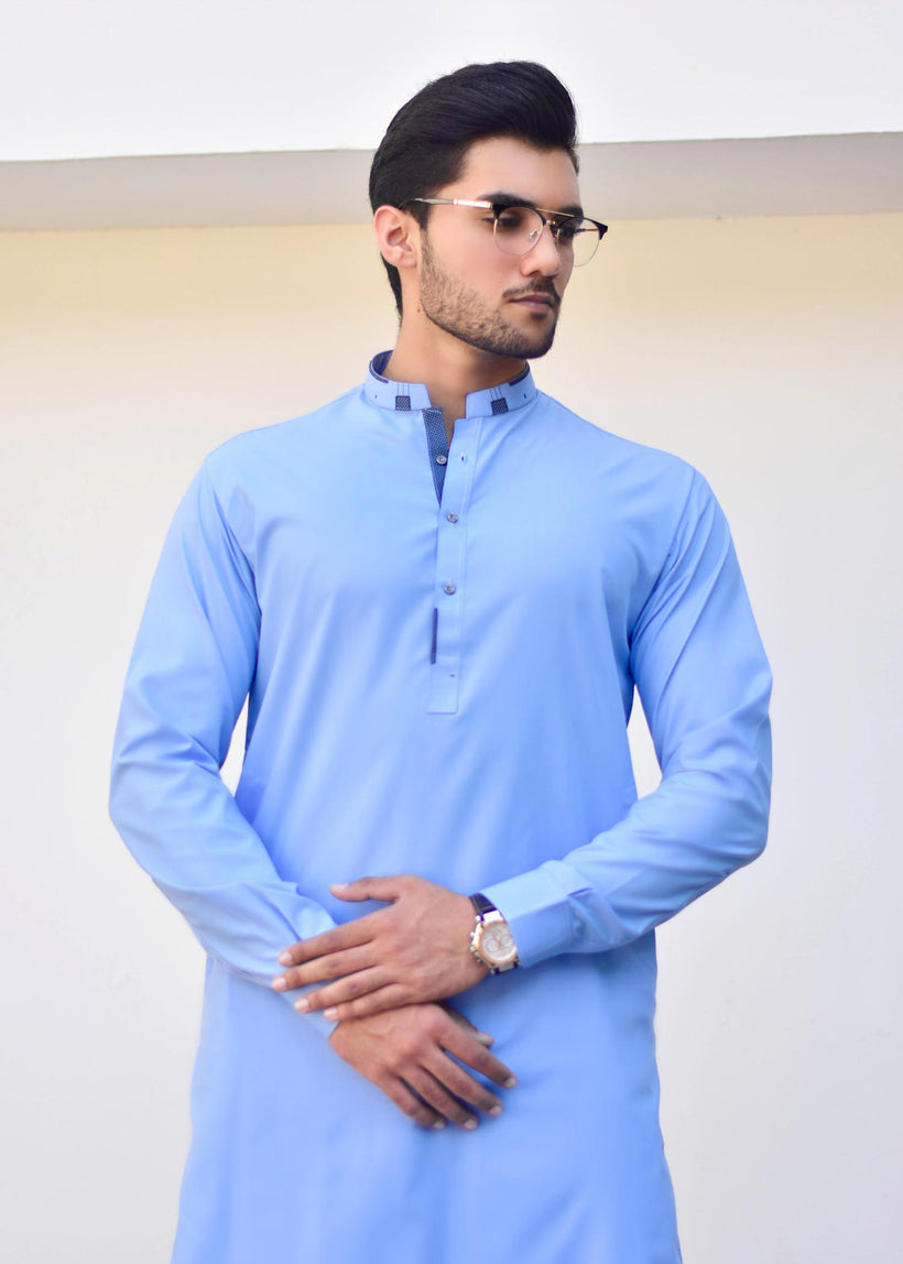Sky Blue Wash and Wear Kurta Pajama (2-Piece) - Image 1