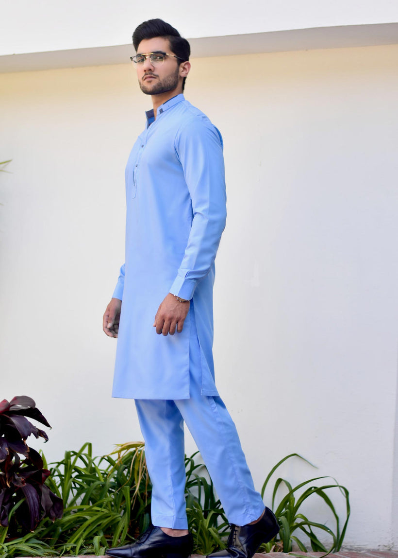 Sky Blue Wash and Wear Kurta Pajama (2-Piece) - Image 2