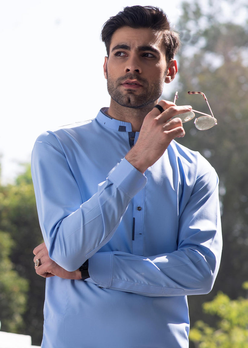 Sky Blue Wash and Wear Kurta Pajama (2-Piece) - Image 3