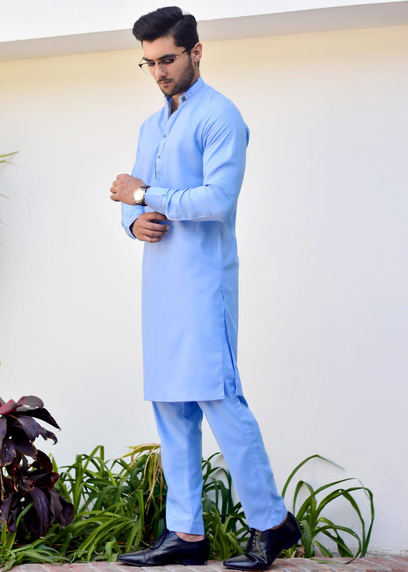 Sky Blue Wash and Wear Kurta Pajama (2-Piece) - Image 4