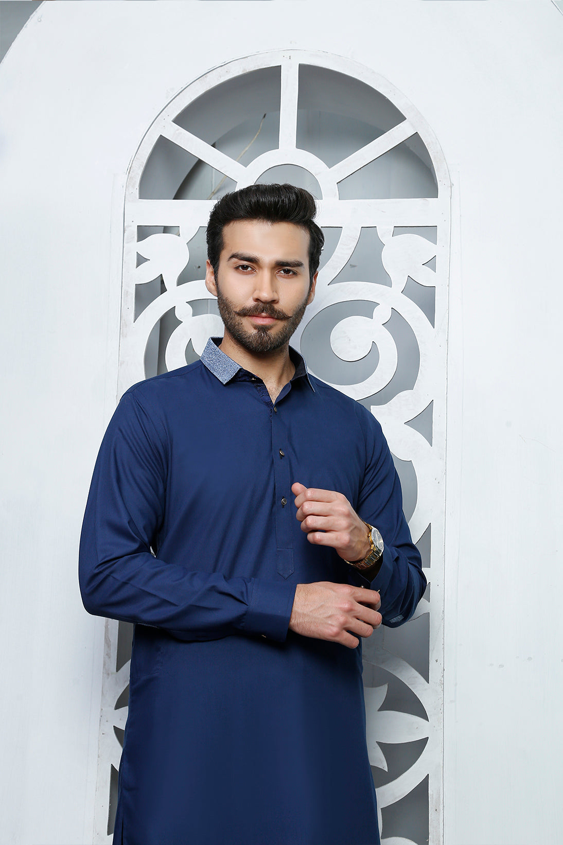 Deep Blue Embellished Wash n Wear Kurta Pajama (2-Piece) - Image 1