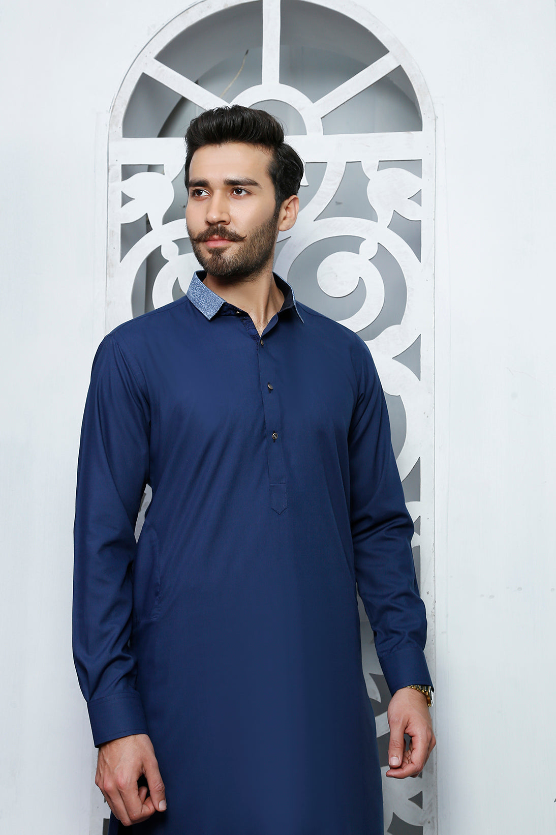 Deep Blue Embellished Wash n Wear Kurta Pajama (2-Piece) - Image 3