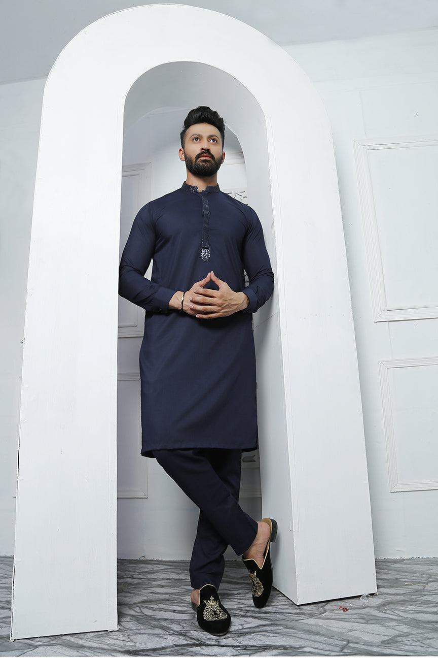 Navy Blue Embellished Wash N Wear Kurta Pajama (2-Piece) - Image 1