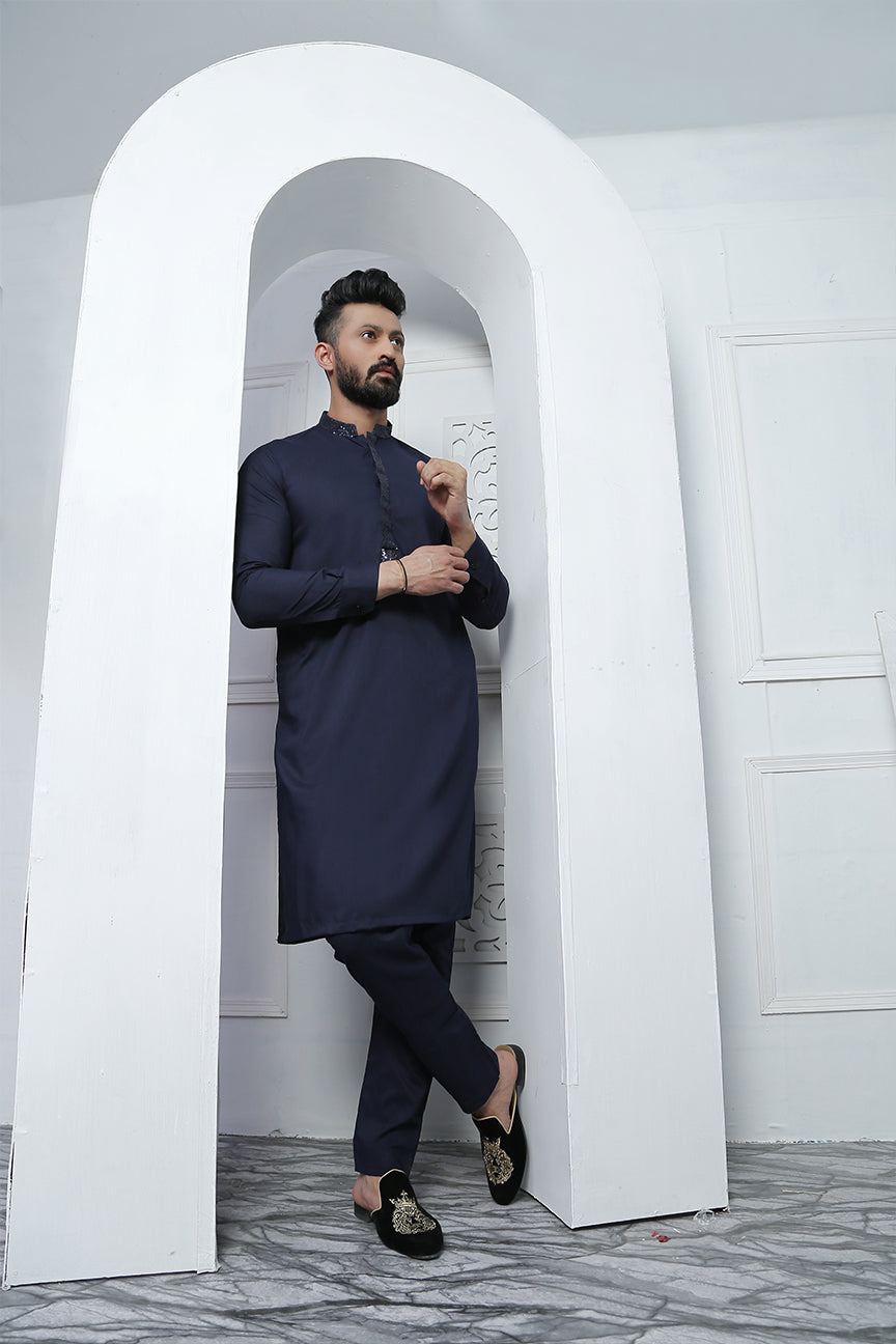 Navy Blue Embellished Wash N Wear Kurta Pajama (2-Piece) - Image 2