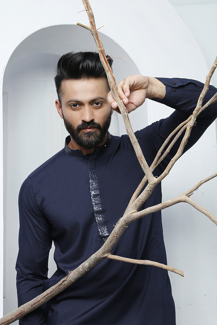 Navy Blue Embellished Wash N Wear Kurta Pajama (2-Piece) - Image 3