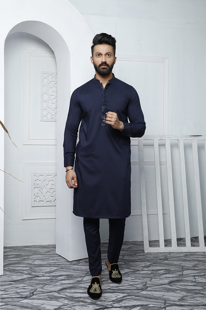 Navy Blue Embellished Wash N Wear Kurta Pajama (2-Piece) - Image 4