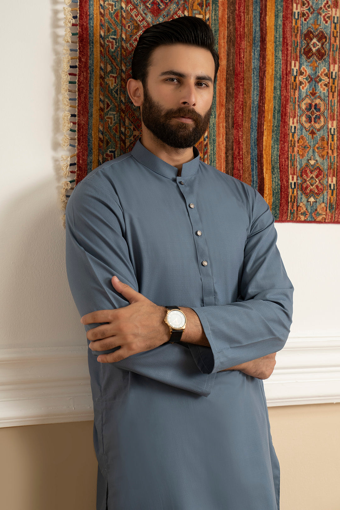 Muted Blue Wash & Wear Kurta Pajama (2-Piece) - Image 1