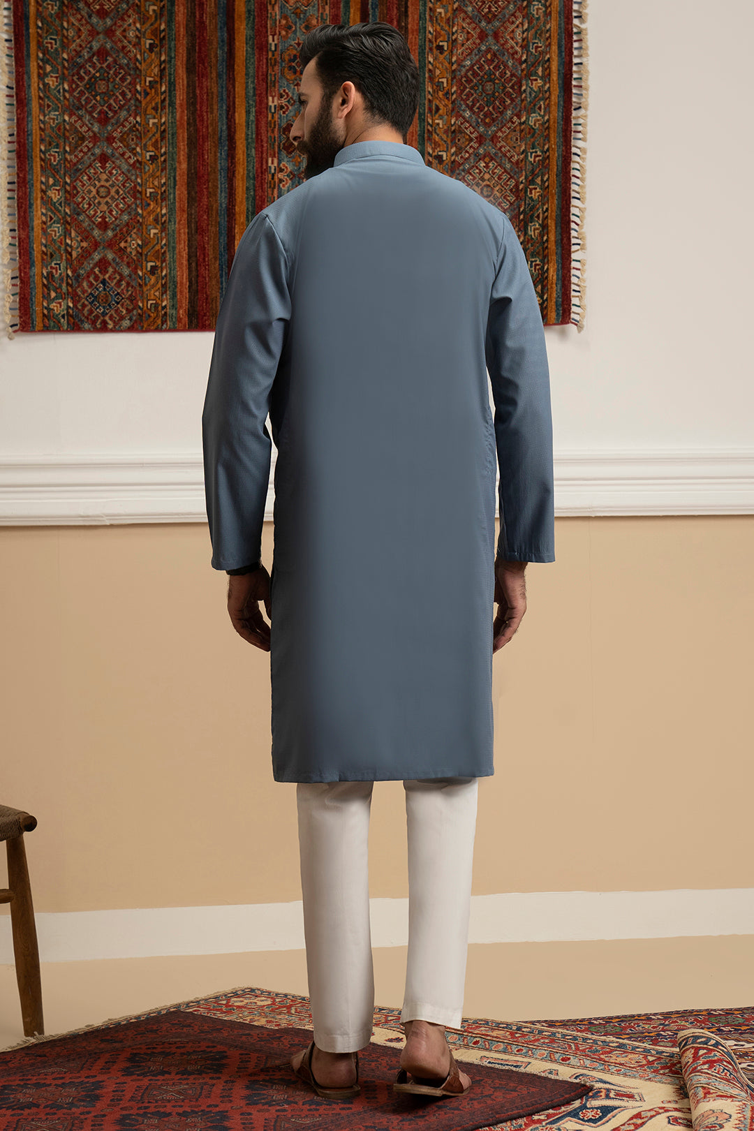 Muted Blue Wash & Wear Kurta Pajama (2-Piece) - Image 10
