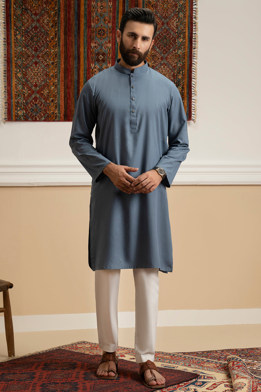 Muted Blue Wash & Wear Kurta Pajama (2-Piece) - Image 2