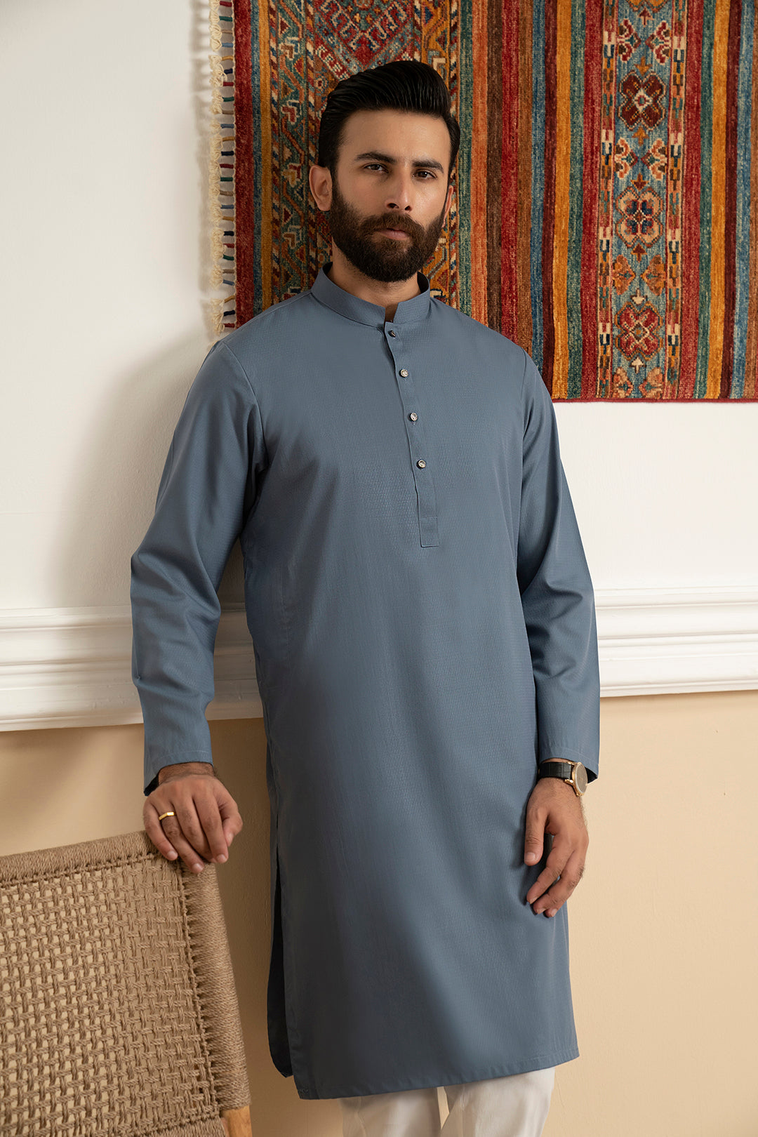 Muted Blue Wash & Wear Kurta Pajama (2-Piece) - Image 3