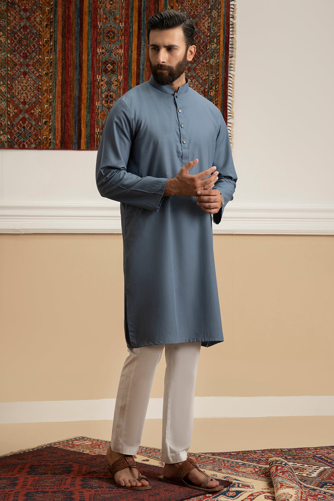 Muted Blue Wash & Wear Kurta Pajama (2-Piece) - Image 4