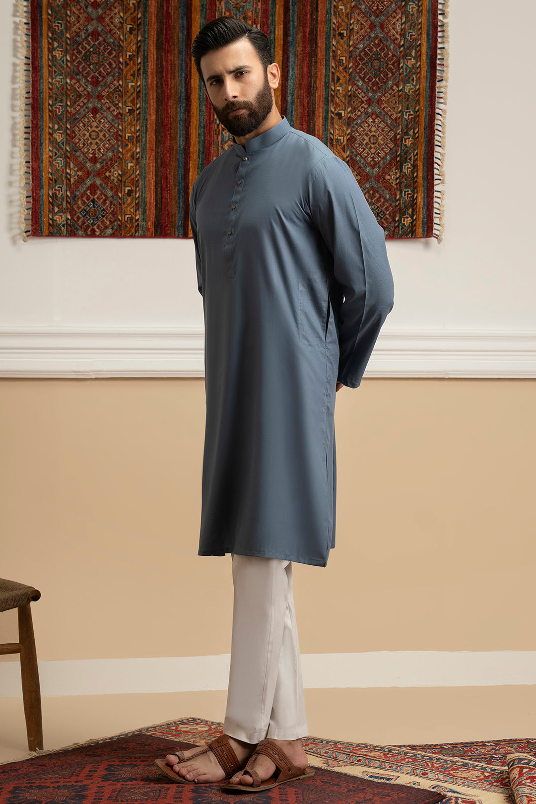 Muted Blue Wash & Wear Kurta Pajama (2-Piece) - Image 6