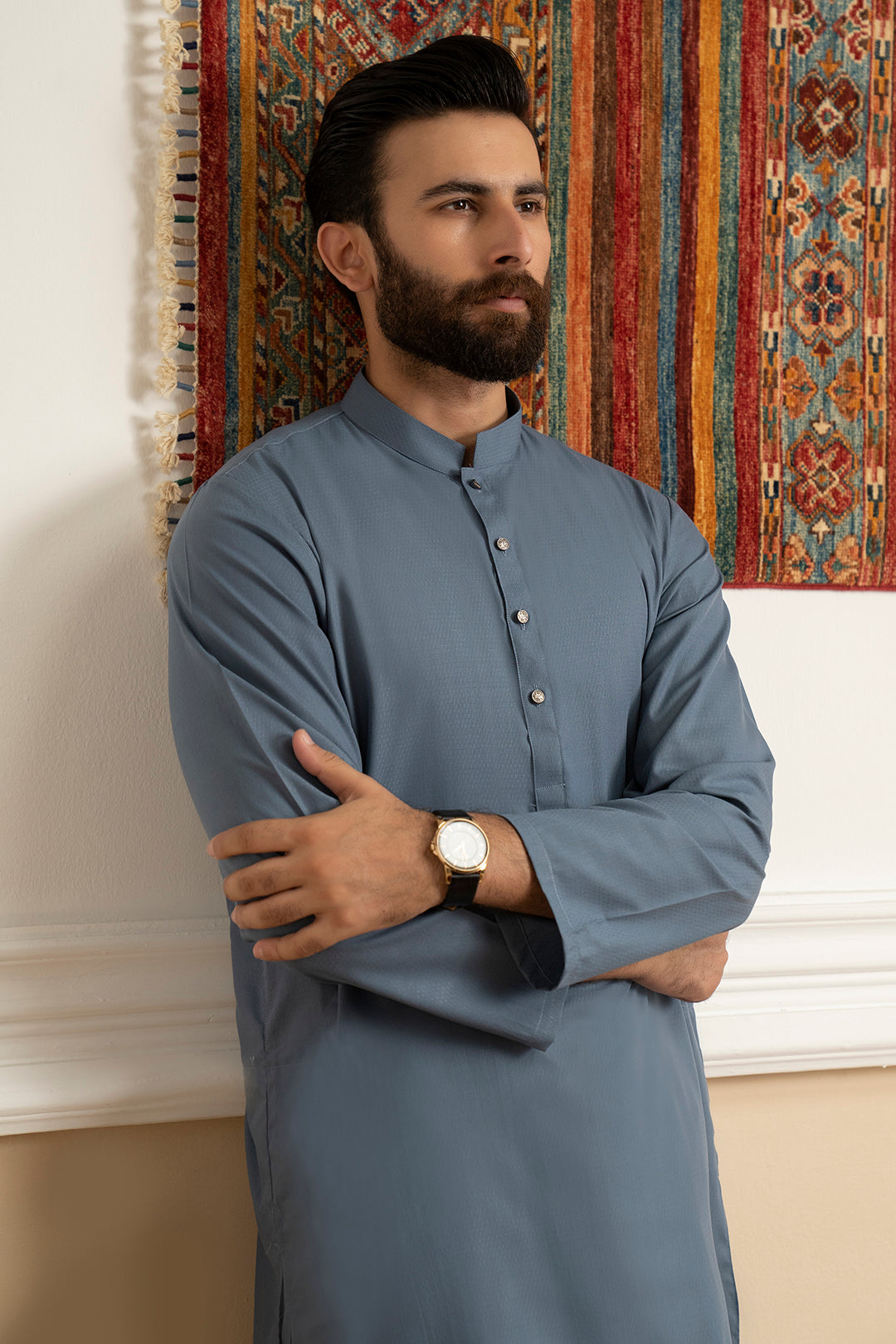 Muted Blue Wash & Wear Kurta Pajama (2-Piece) - Image 8