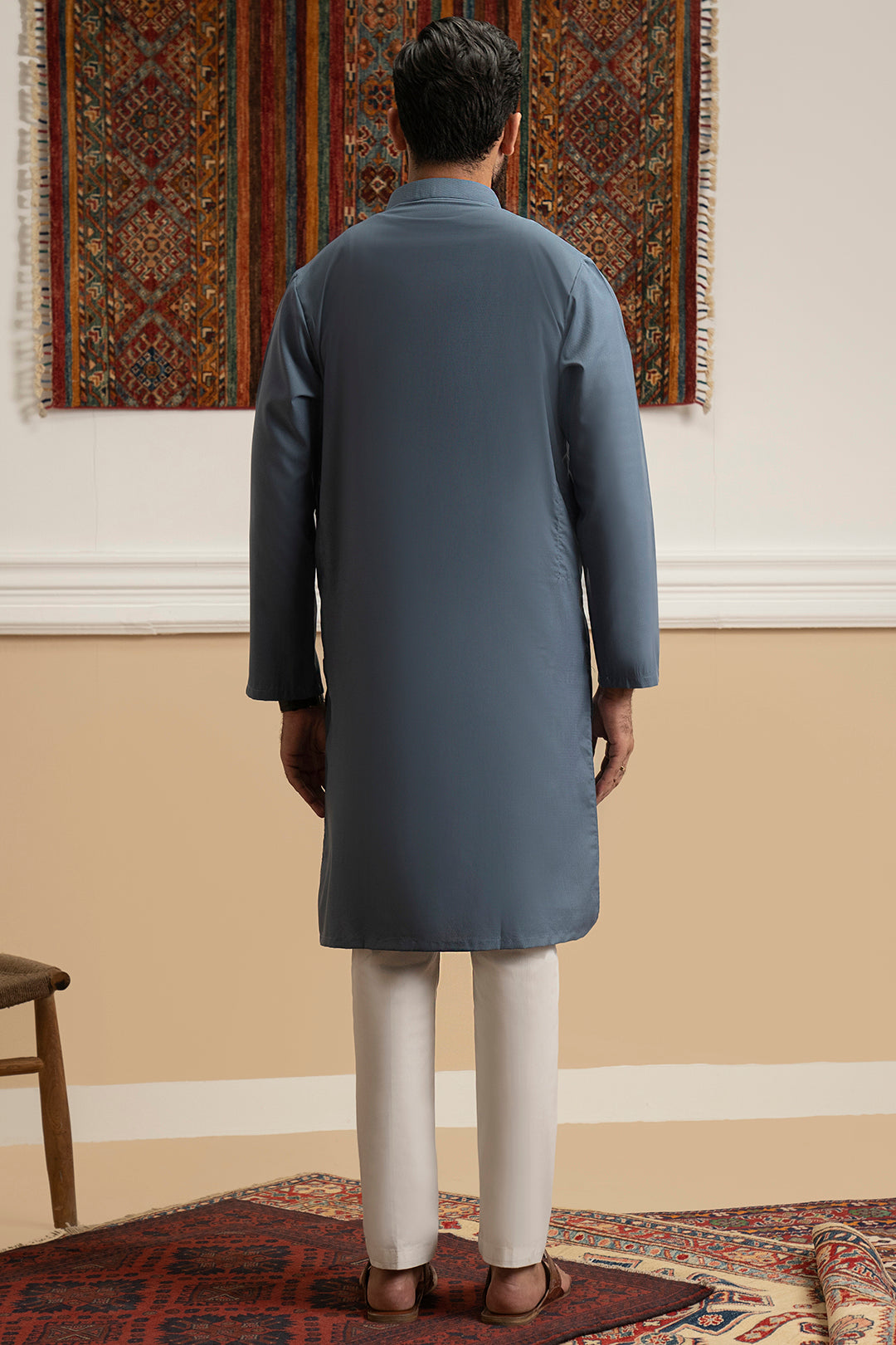 Muted Blue Wash & Wear Kurta Pajama (2-Piece) - Image 9