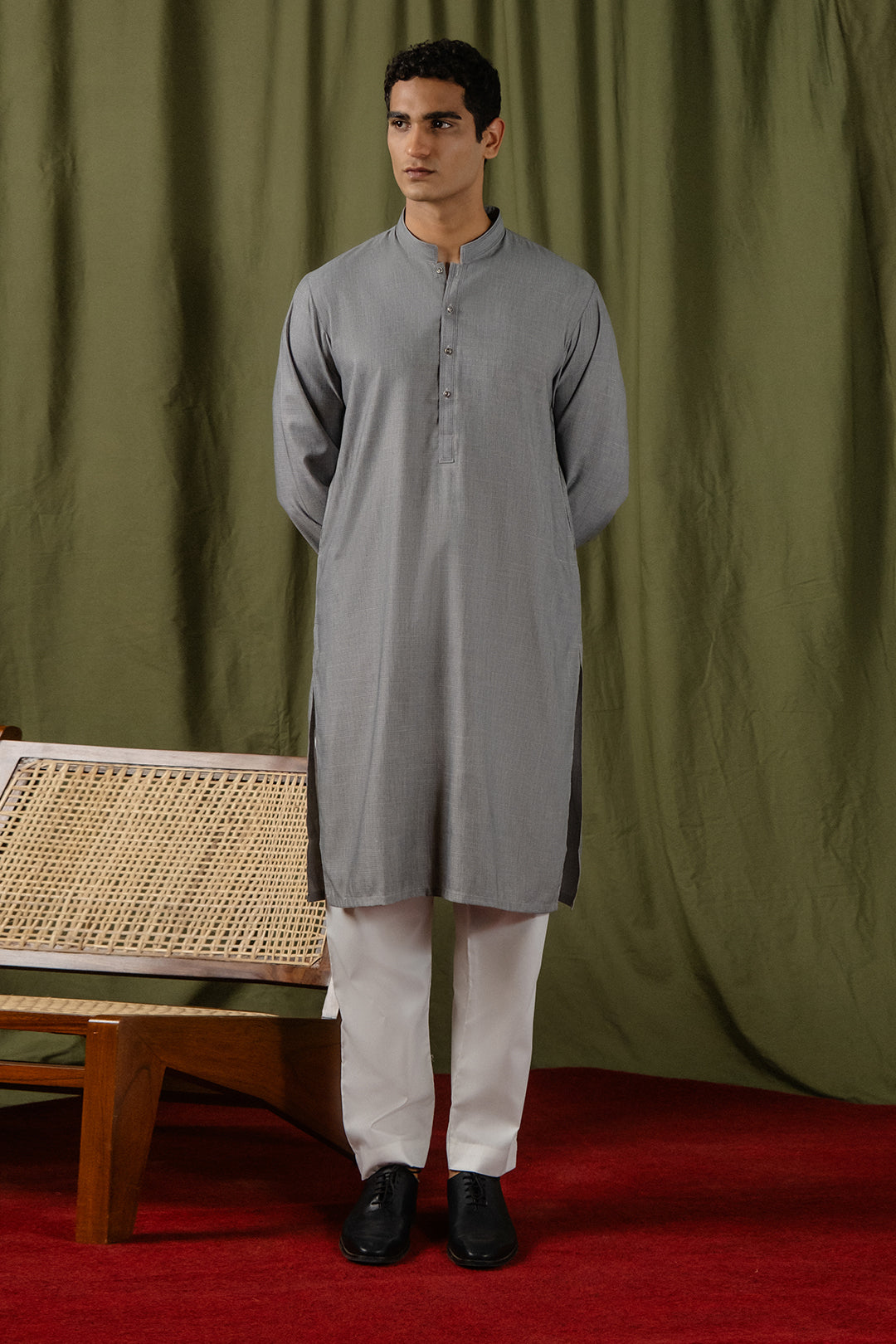 Slate Blue Minimal Stitch Wash & Wear Kurta Pajama (2-Piece) - Image 27