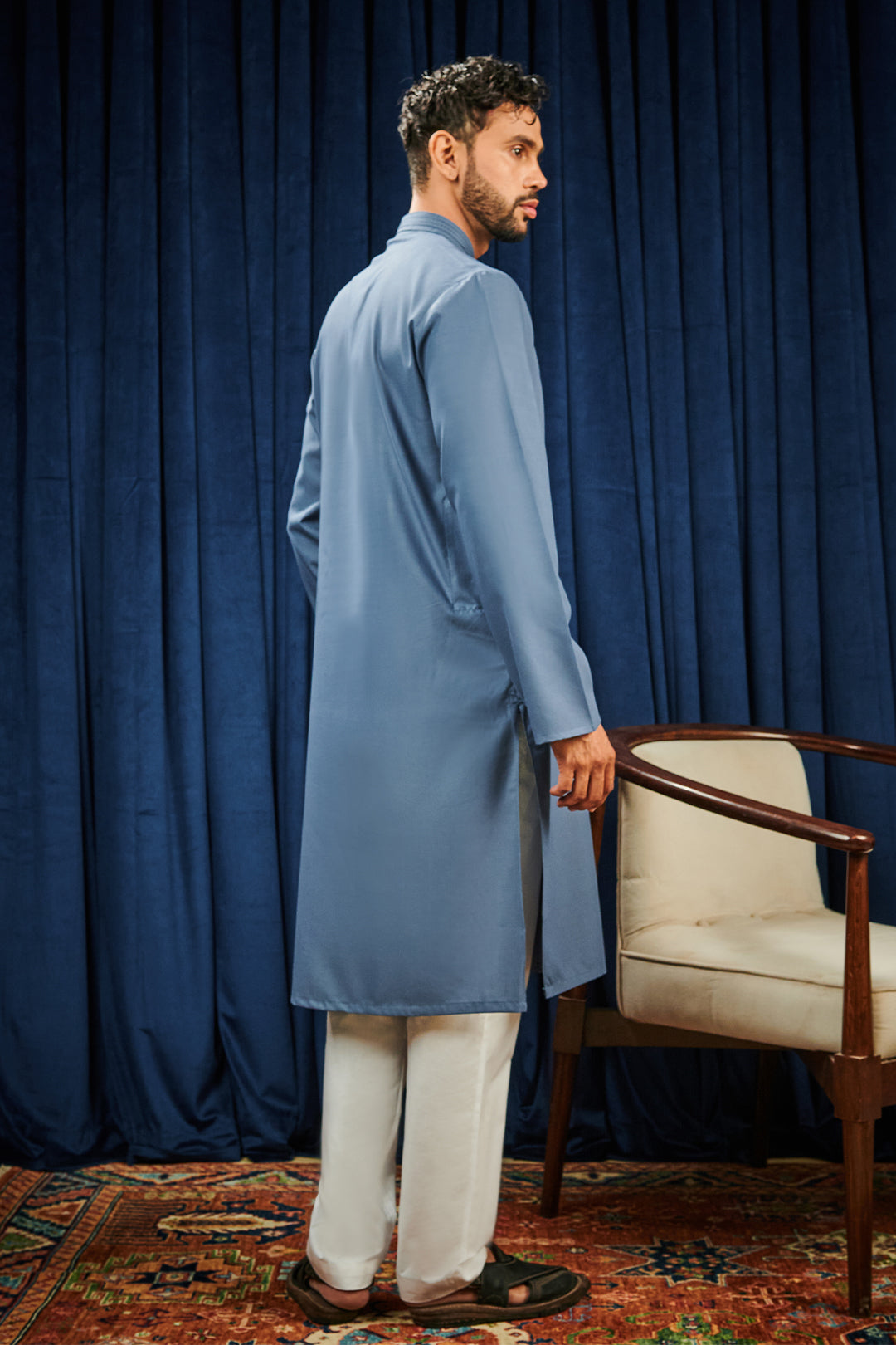 Slate Blue Minimal Stitch Wash & Wear Kurta Pajama (2-Piece) - Image 3