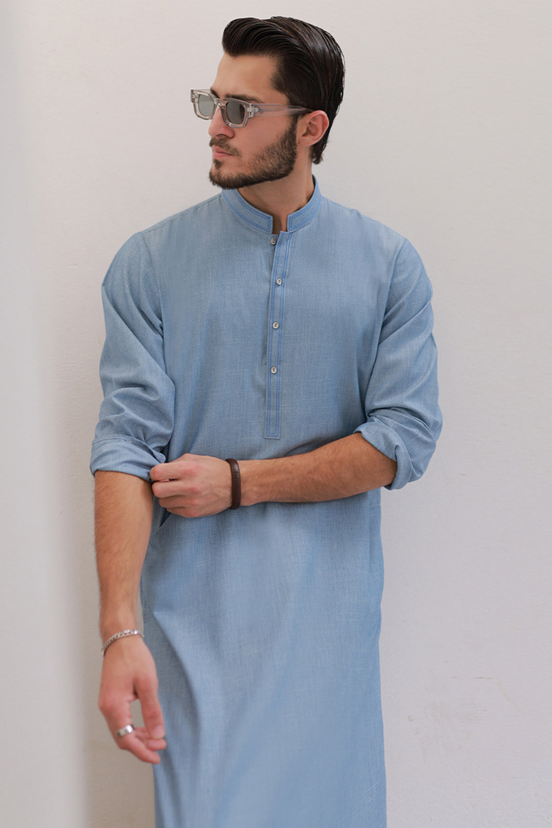 Slate Blue Minimal Stitch Wash & Wear Kurta Pajama (2-Piece) - Image 35
