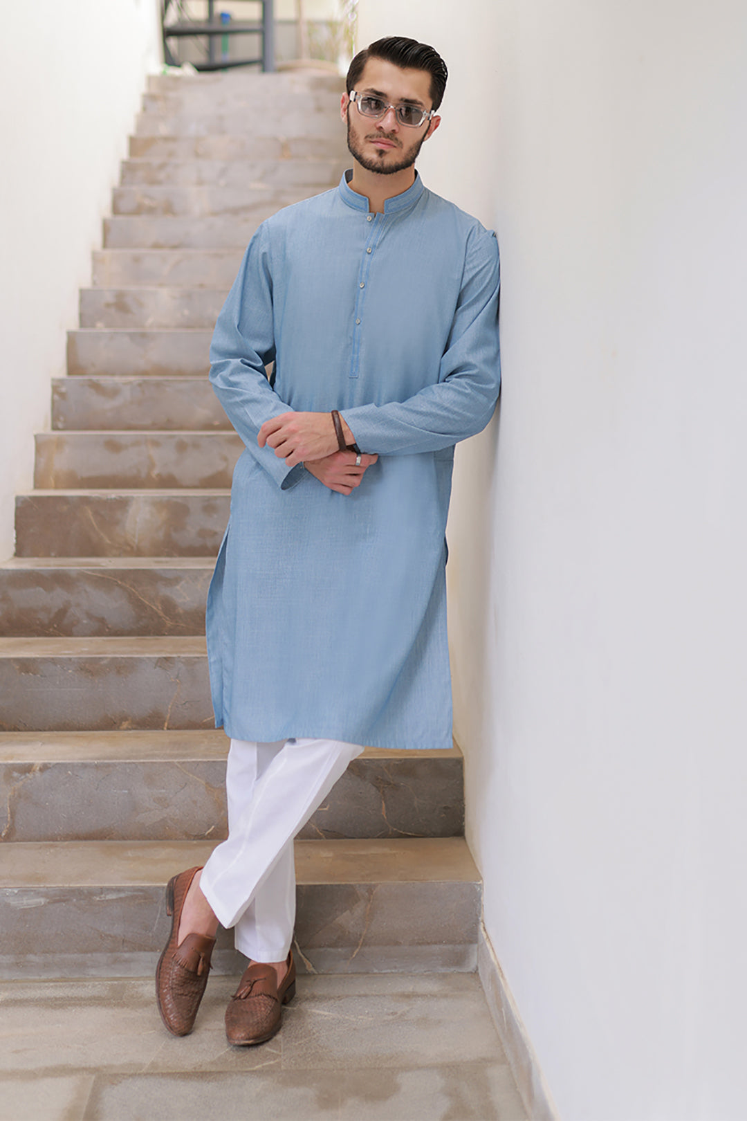 Slate Blue Minimal Stitch Wash & Wear Kurta Pajama (2-Piece) - Image 37