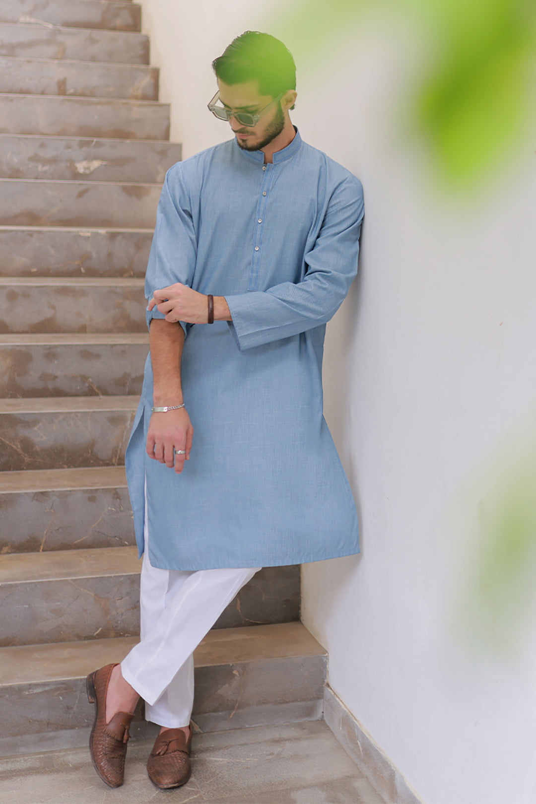 Slate Blue Minimal Stitch Wash & Wear Kurta Pajama (2-Piece) - Image 38
