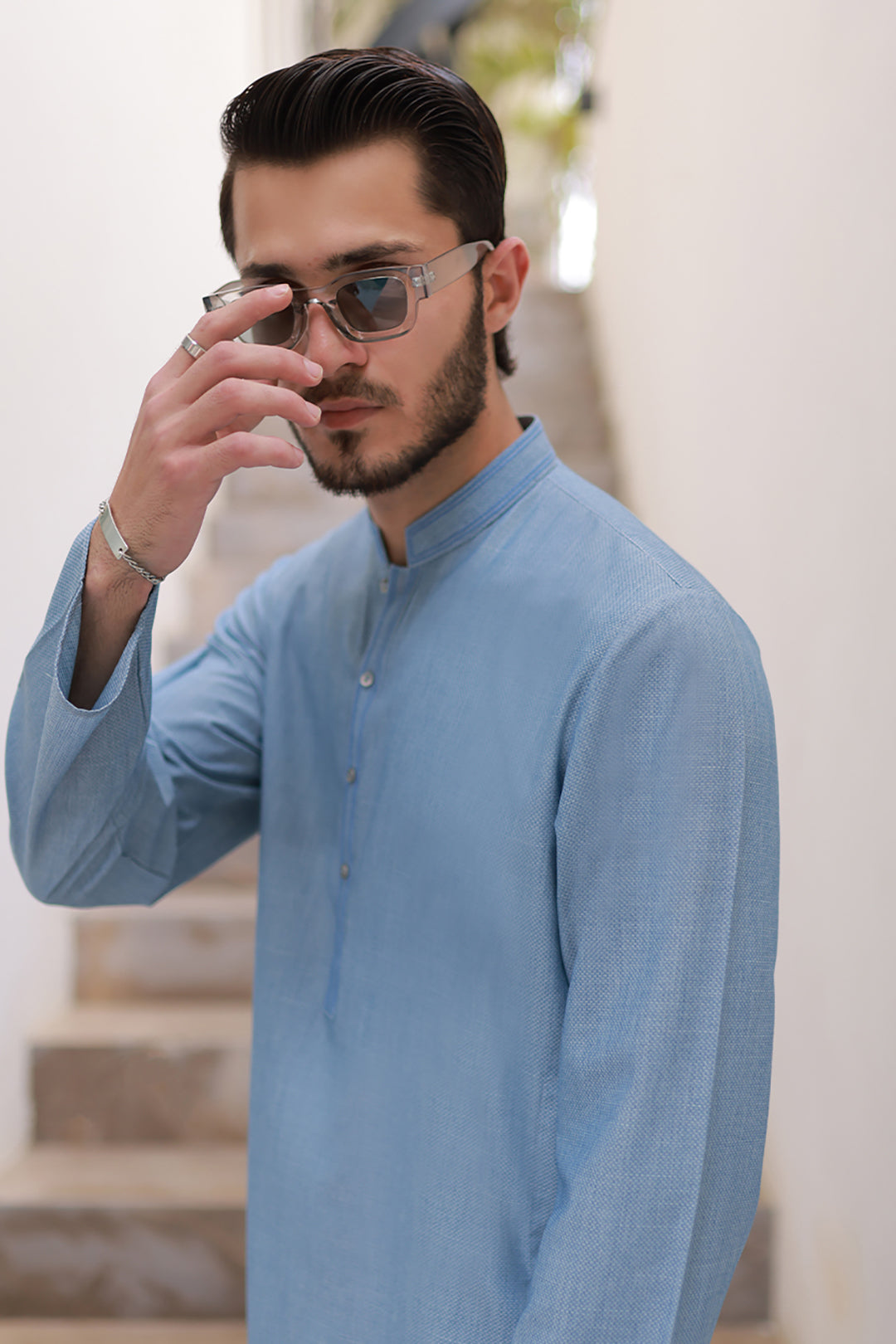 Slate Blue Minimal Stitch Wash & Wear Kurta Pajama (2-Piece) - Image 40