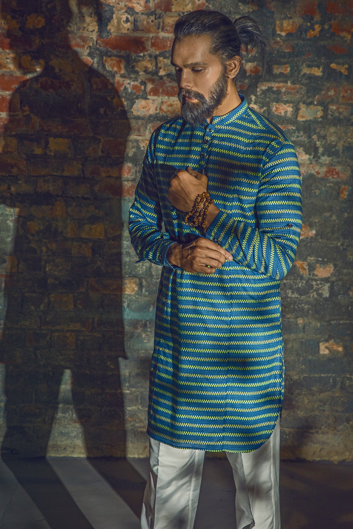 Blue Green Chevron Woven Kurta (2-Piece) - Image 1