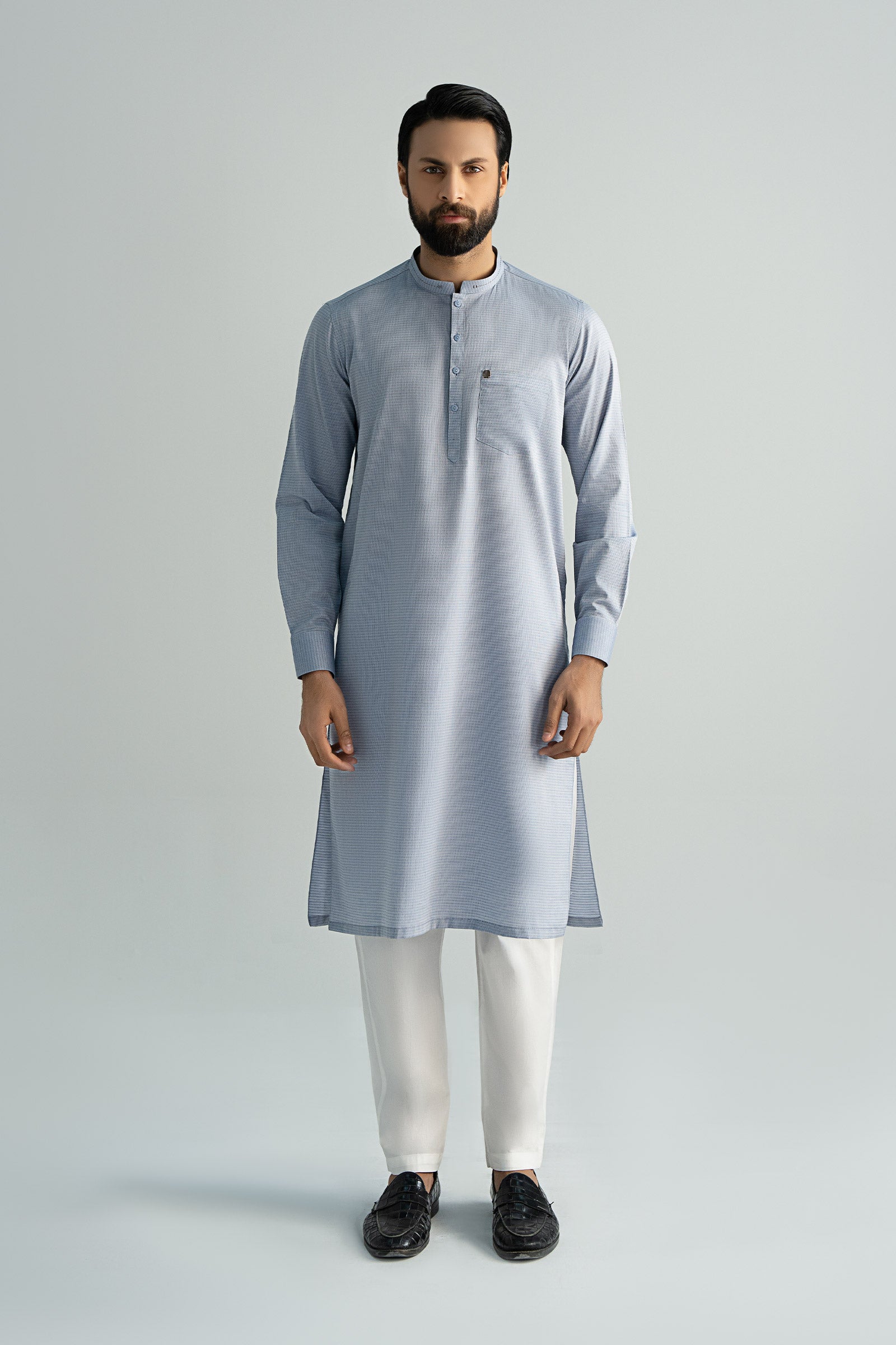 Denim Blue Yarn Dyed Cotton Kurta (2-Piece) - Image 1