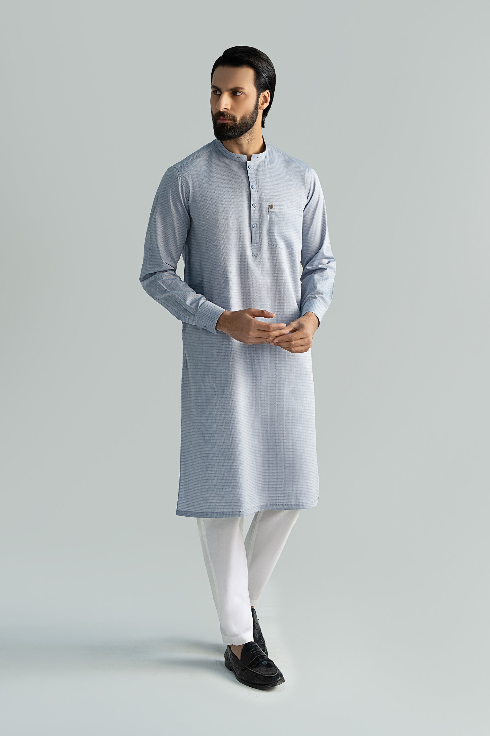 Denim Blue Yarn Dyed Cotton Kurta (2-Piece) - Image 8
