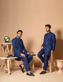Dark Blue Embroidered Wash & Wear Kurta (2-Piece) - Image 4