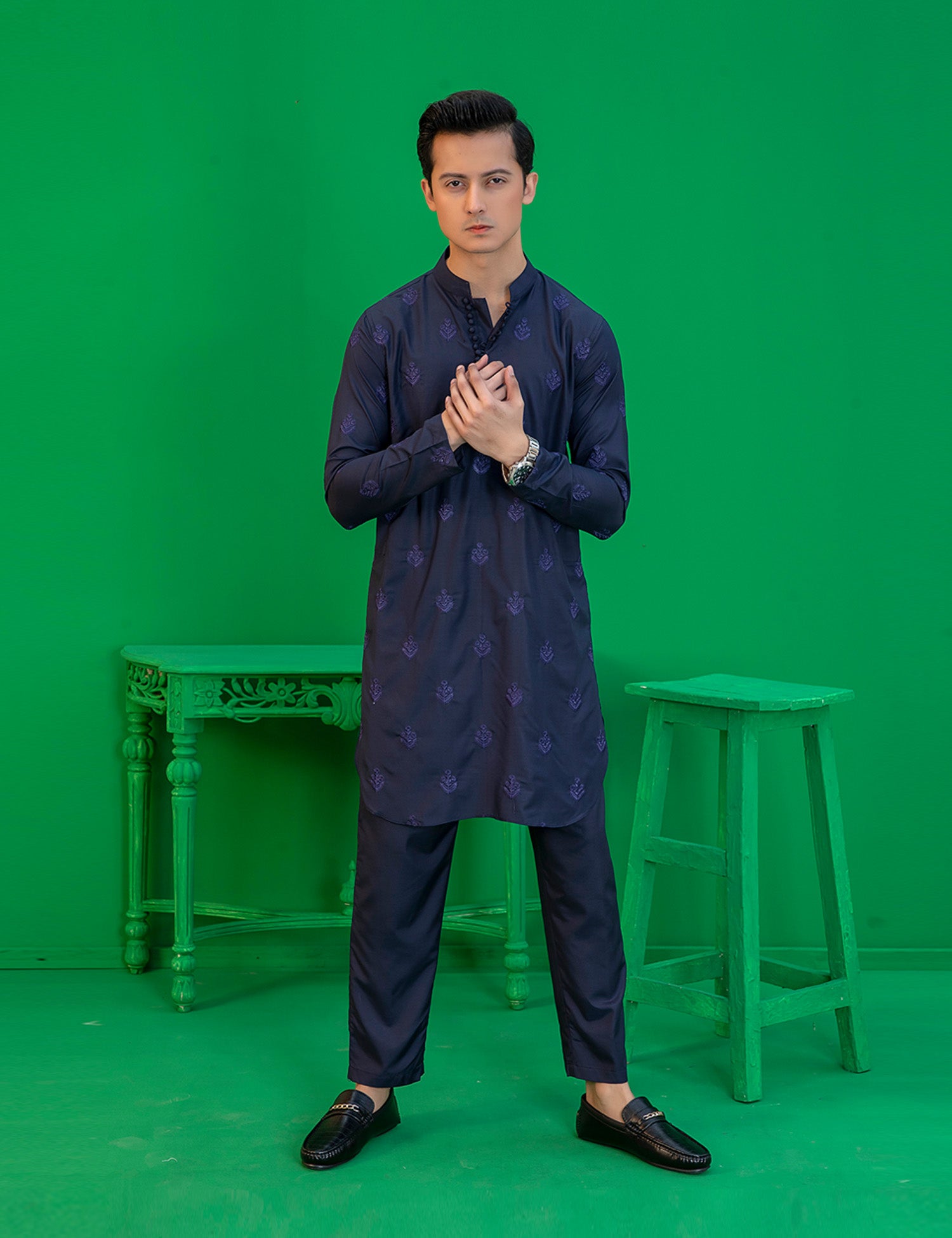Blue Embroidered Wash N Wear Kurta (2-Piece) - Image 1