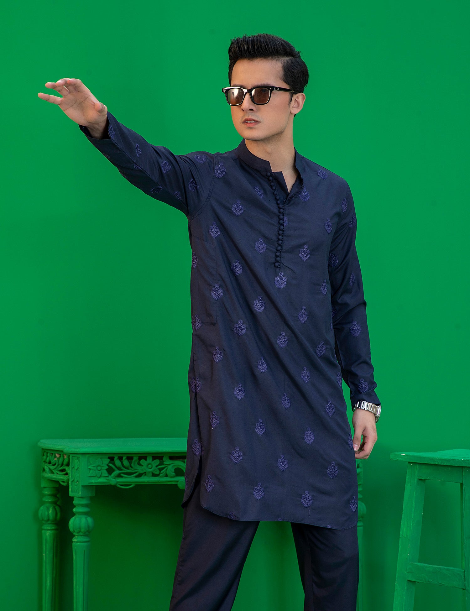 Blue Embroidered Wash N Wear Kurta (2-Piece) - Image 2