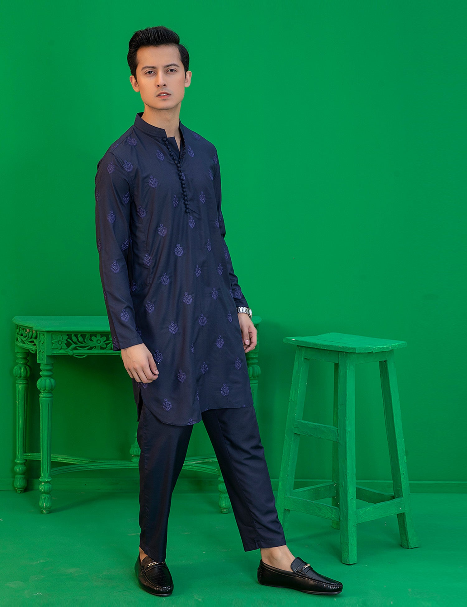Blue Embroidered Wash N Wear Kurta (2-Piece) - Image 4