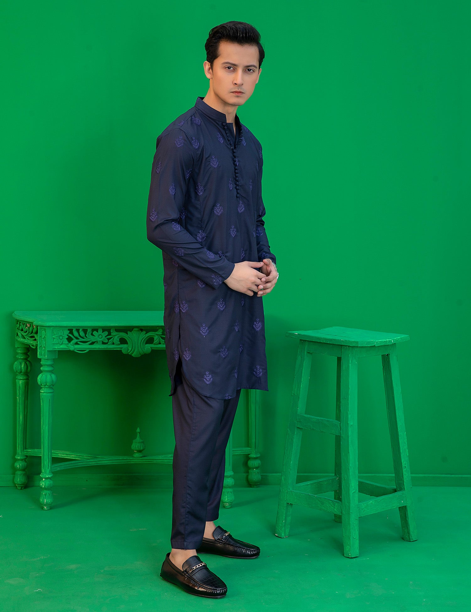 Blue Embroidered Wash N Wear Kurta (2-Piece) - Image 5