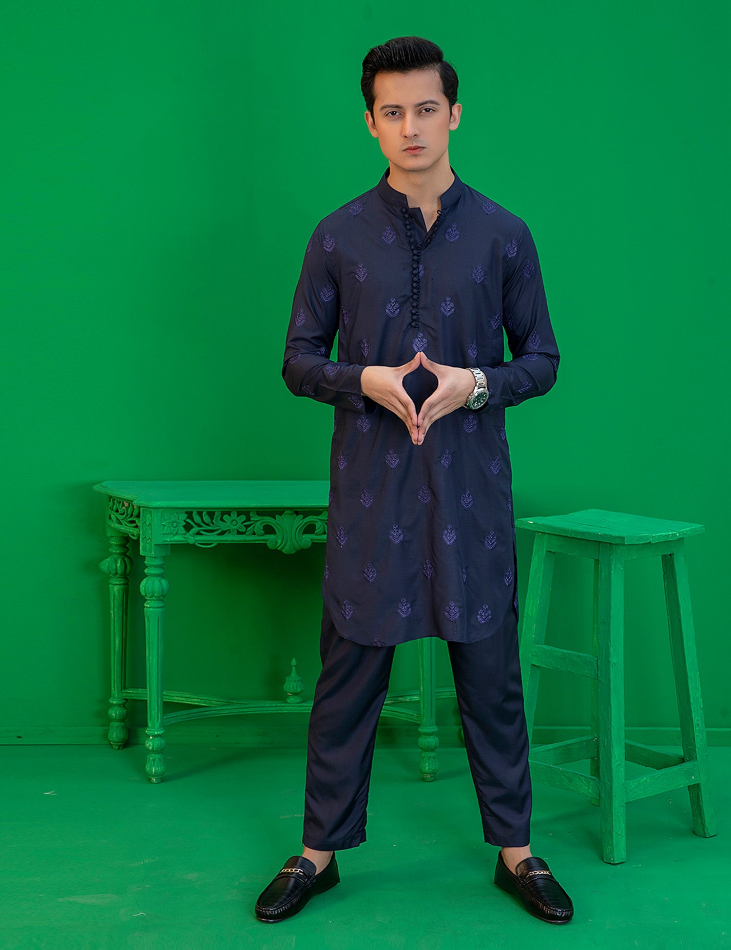 Blue Embroidered Wash N Wear Kurta (2-Piece) - Image 7