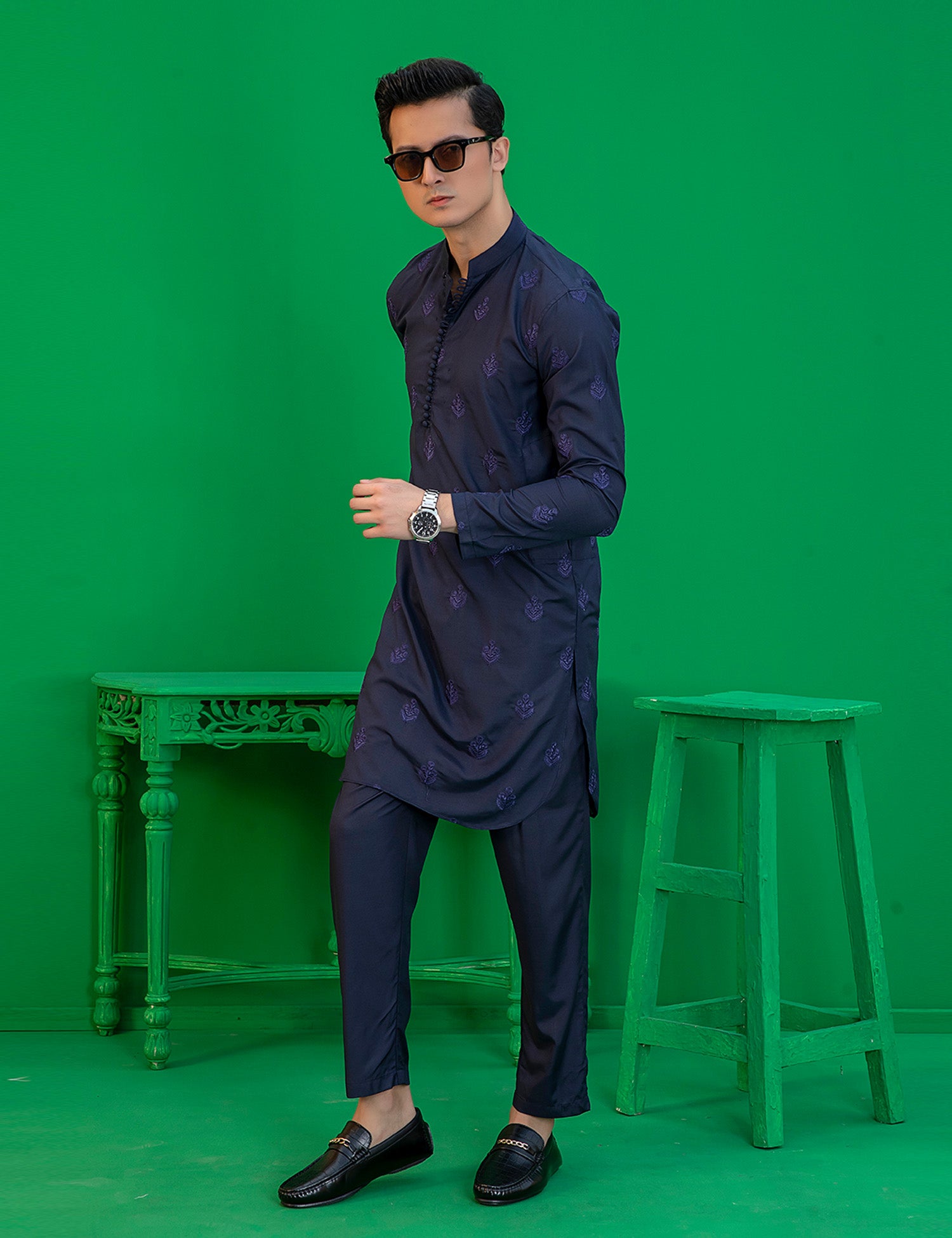 Blue Embroidered Wash N Wear Kurta (2-Piece) - Image 8