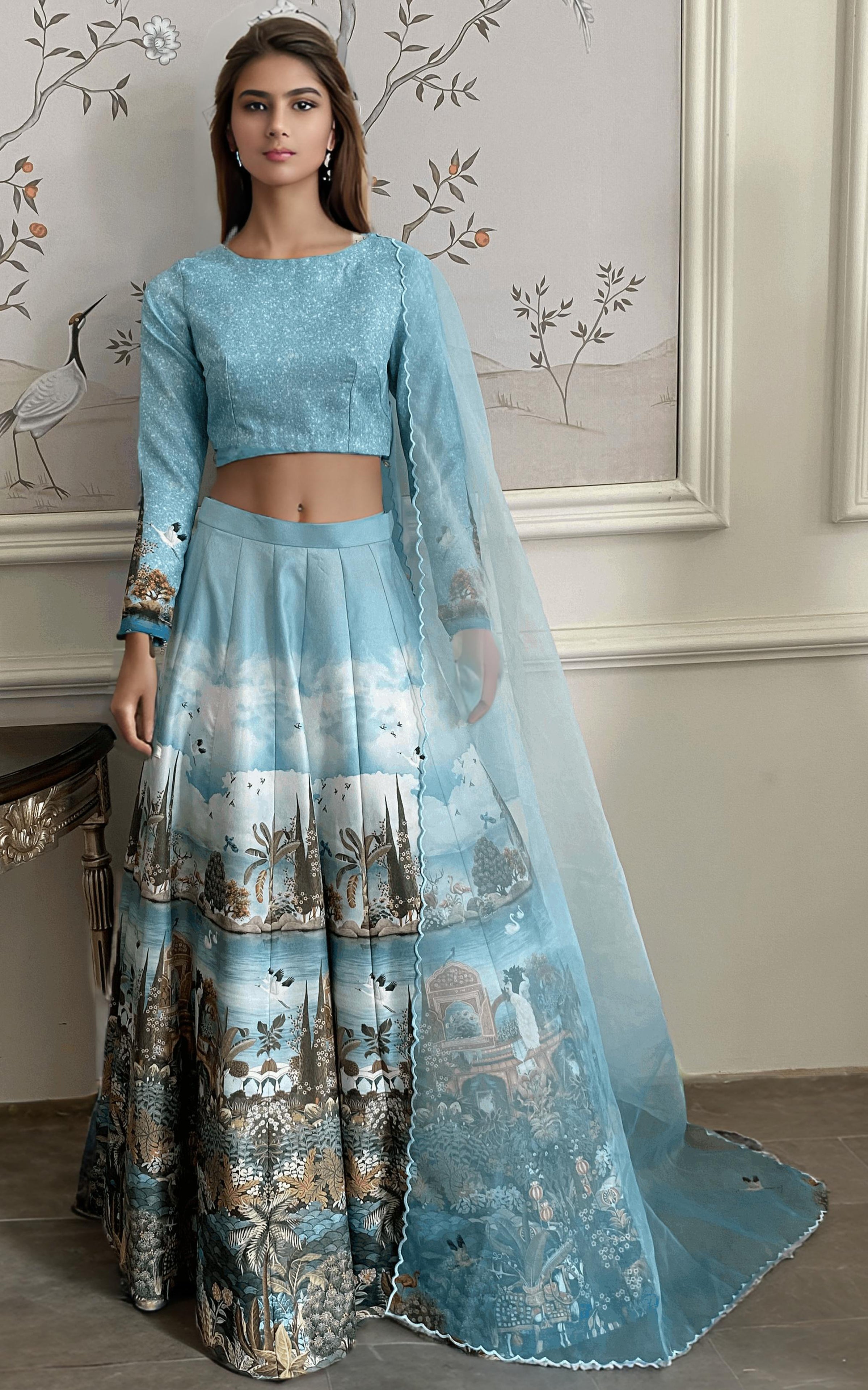Sky Blue Printed Banarsi Lehenga Set (3-Piece) - Image 2