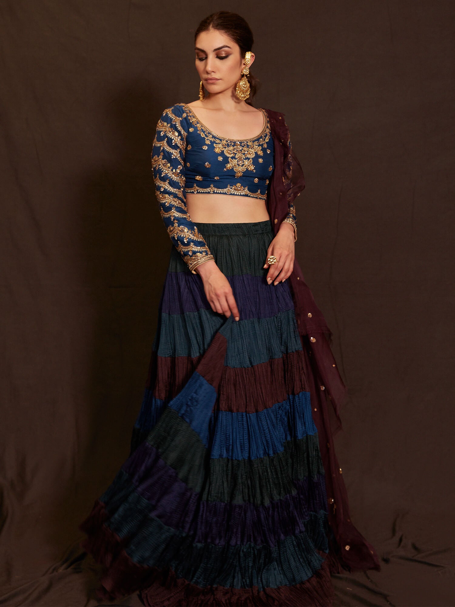 Blue Zardozi Tissue & Crushed Silk Lehenga (3-Piece) - Image 1