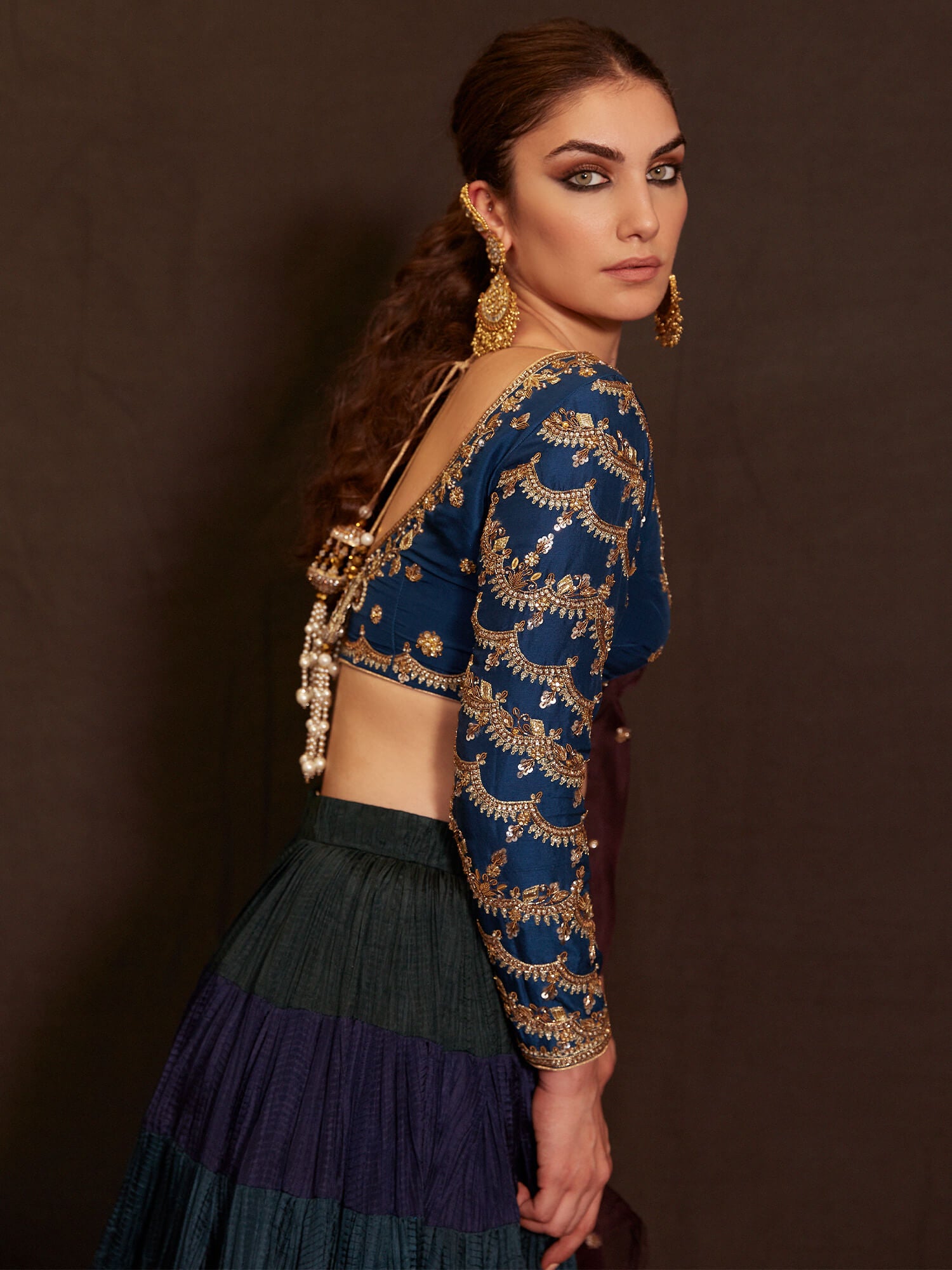 Blue Zardozi Tissue & Crushed Silk Lehenga (3-Piece) - Image 2