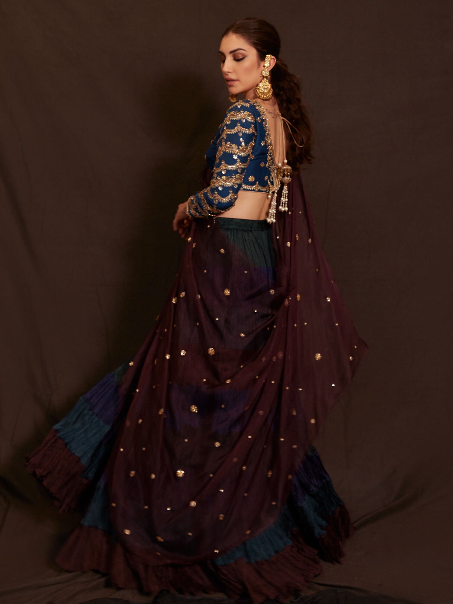 Blue Zardozi Tissue & Crushed Silk Lehenga (3-Piece) - Image 3