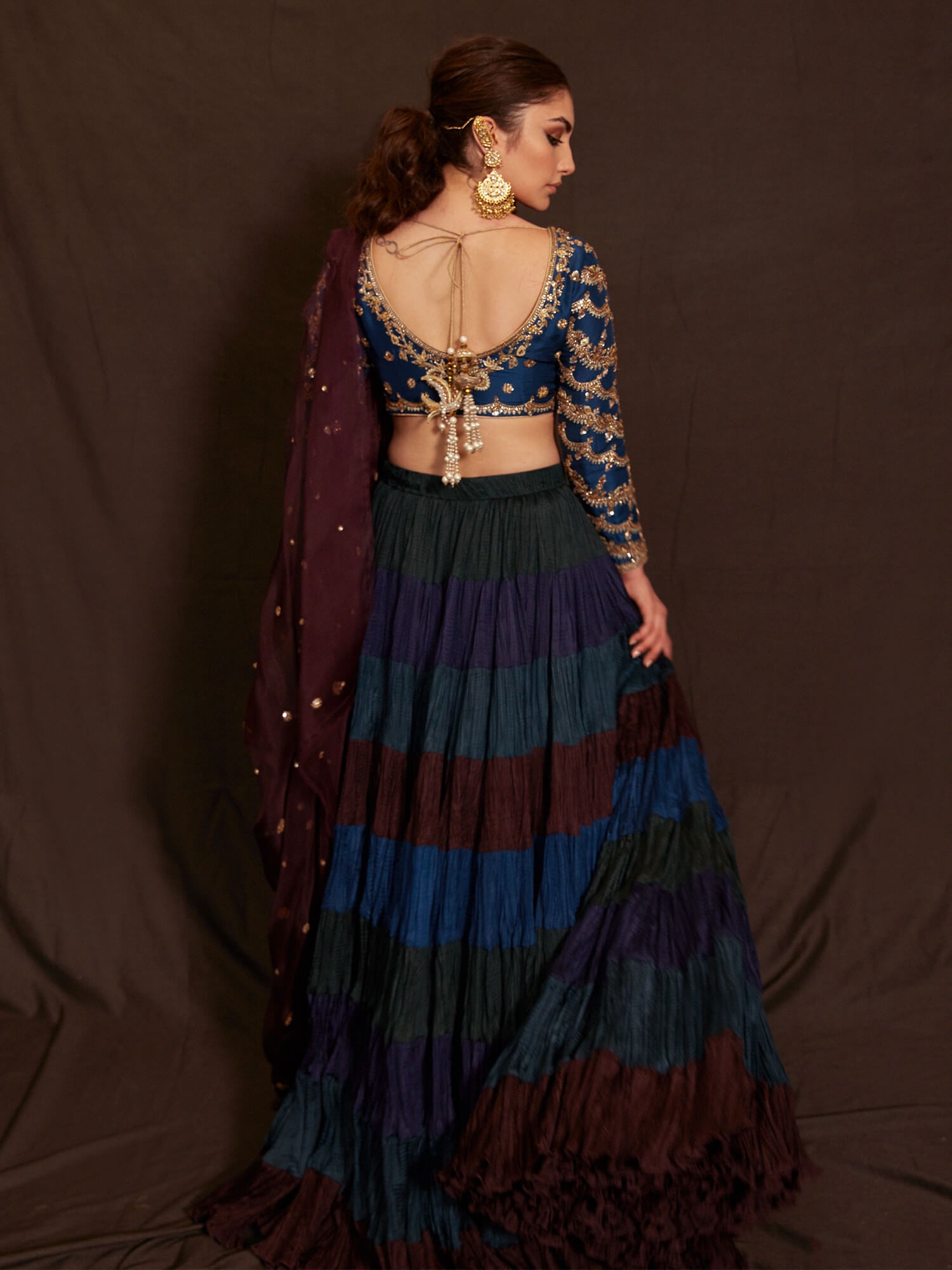 Blue Zardozi Tissue & Crushed Silk Lehenga (3-Piece) - Image 4
