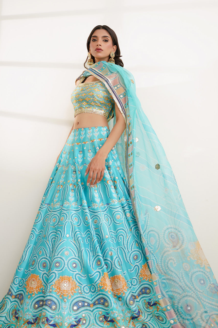 Pakistani Aqua Gota Work Khaddi Silk Lehenga (3-Piece) - Image 1