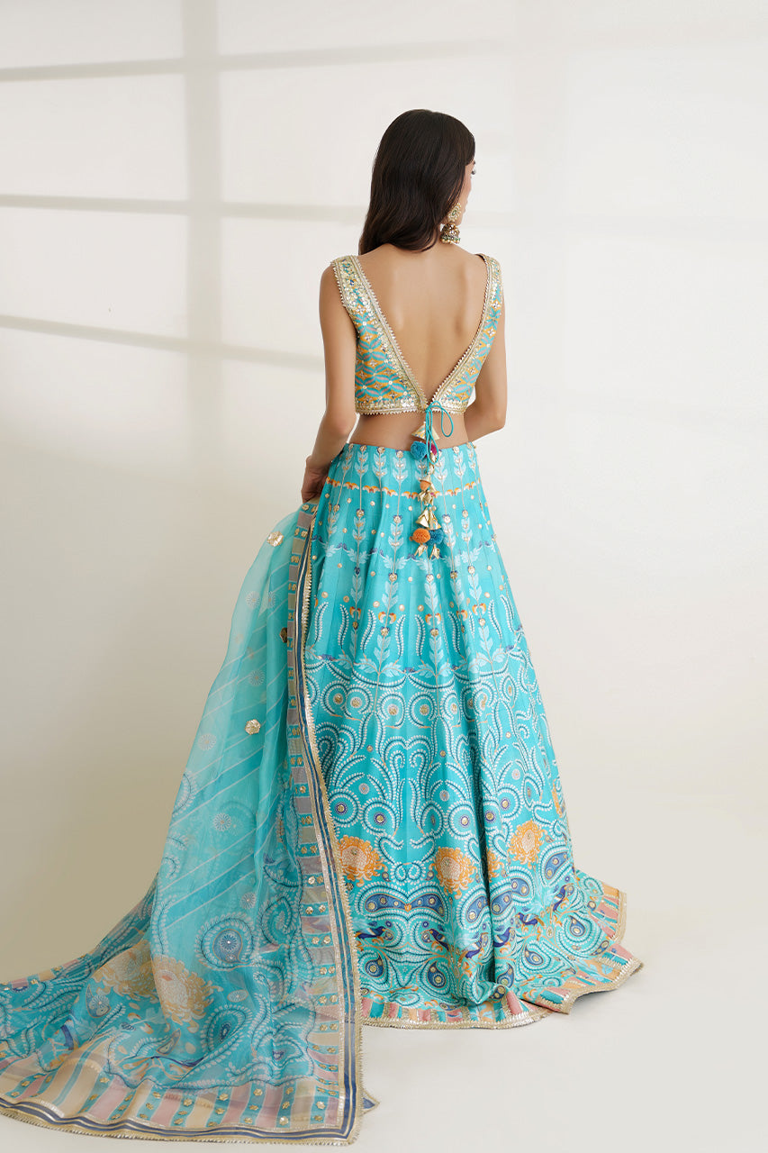 Pakistani Aqua Gota Work Khaddi Silk Lehenga (3-Piece) - Image 2