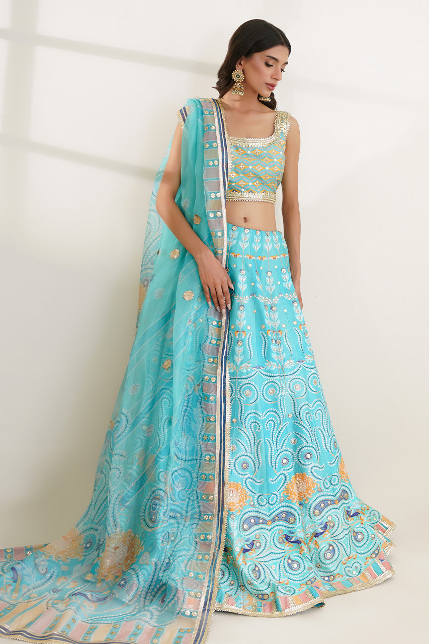 Pakistani Aqua Gota Work Khaddi Silk Lehenga (3-Piece) - Image 3