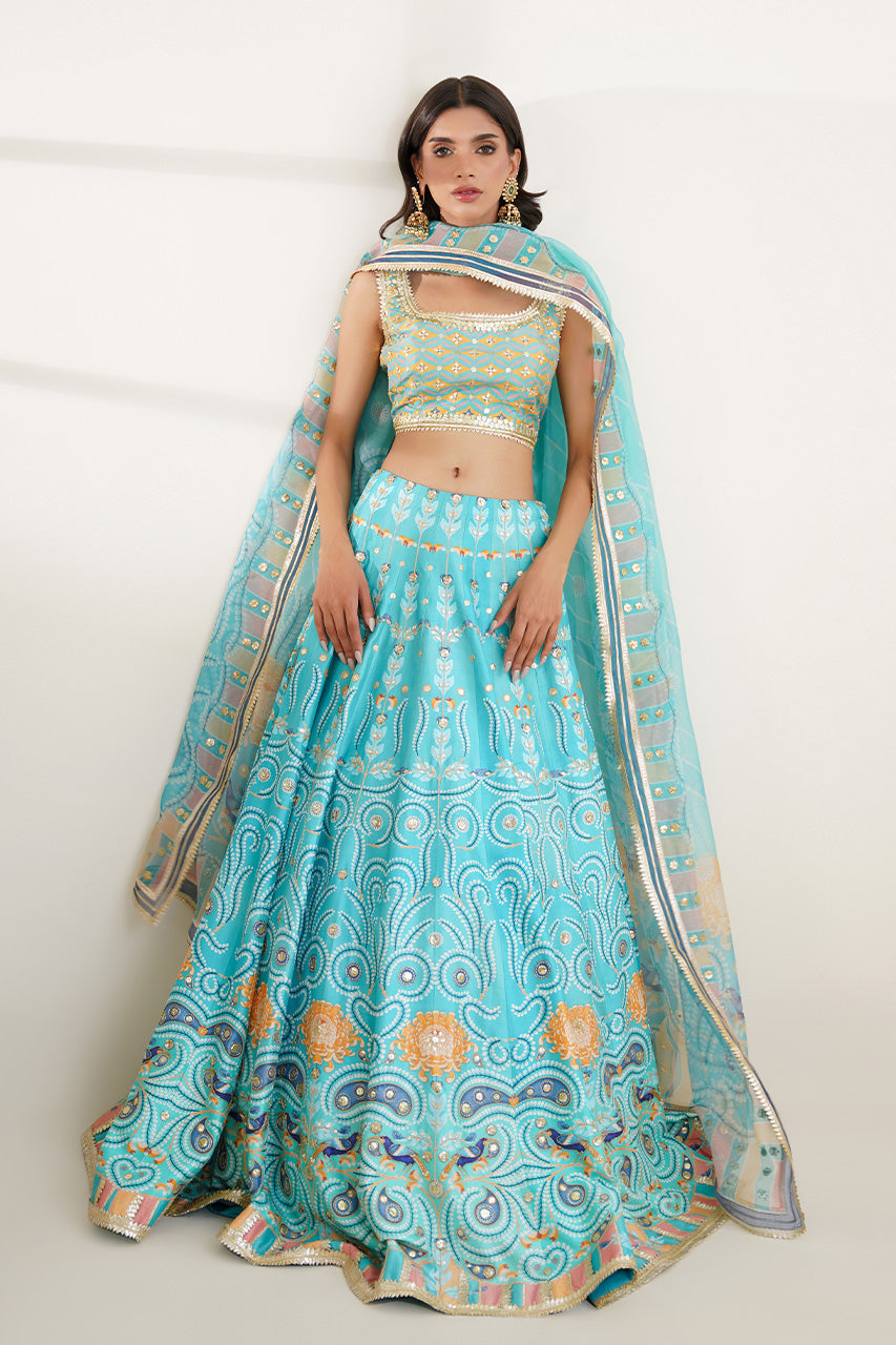 Pakistani Aqua Gota Work Khaddi Silk Lehenga (3-Piece) - Image 4