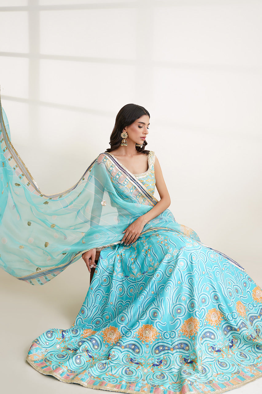 Pakistani Aqua Gota Work Khaddi Silk Lehenga (3-Piece) - Image 5
