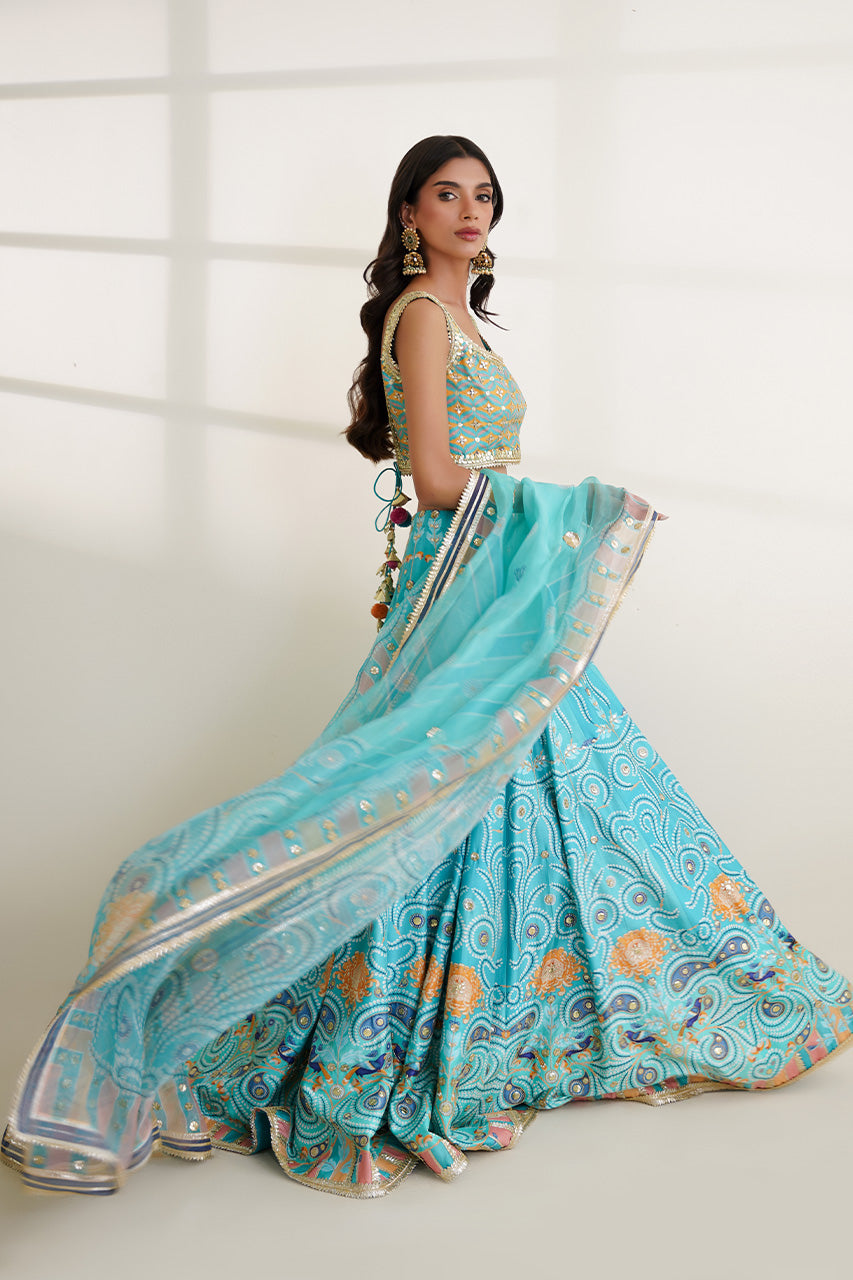 Pakistani Aqua Gota Work Khaddi Silk Lehenga (3-Piece) - Image 6