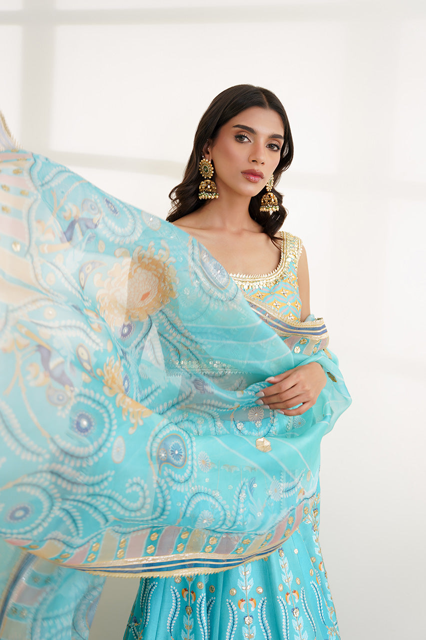 Pakistani Aqua Gota Work Khaddi Silk Lehenga (3-Piece) - Image 7