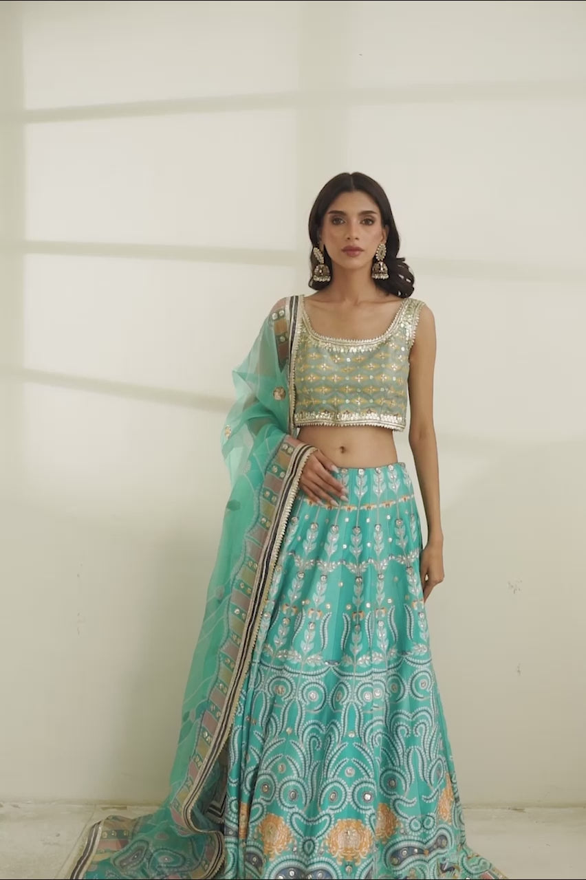 Pakistani Aqua Gota Work Khaddi Silk Lehenga (3-Piece) - Image 8