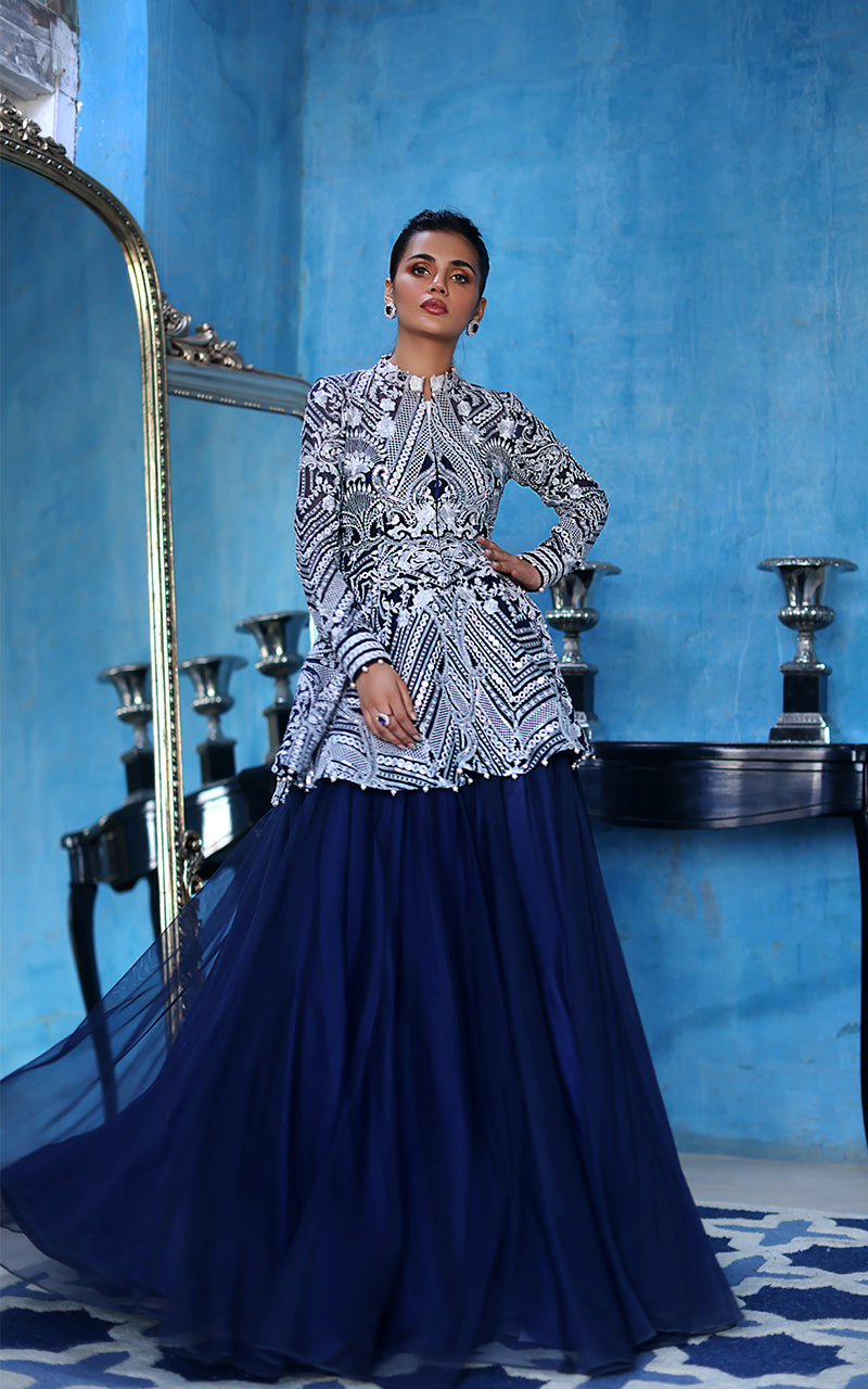 Pakistani Indigo Blue Embroidered Net Lehenga Set (2-Piece) - Image 1
