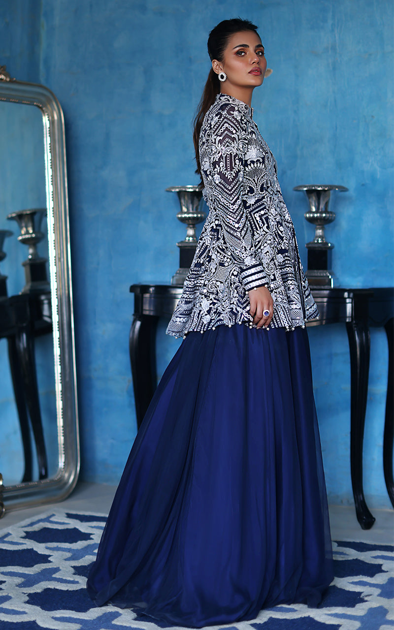 Pakistani Indigo Blue Embroidered Net Lehenga Set (2-Piece) - Image 2
