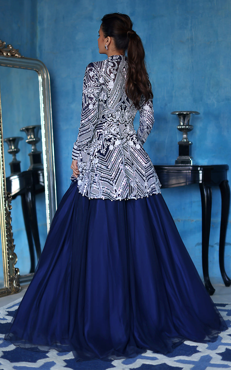 Pakistani Indigo Blue Embroidered Net Lehenga Set (2-Piece) - Image 3